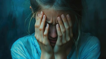 Woman covering face with hands - Powered by Adobe