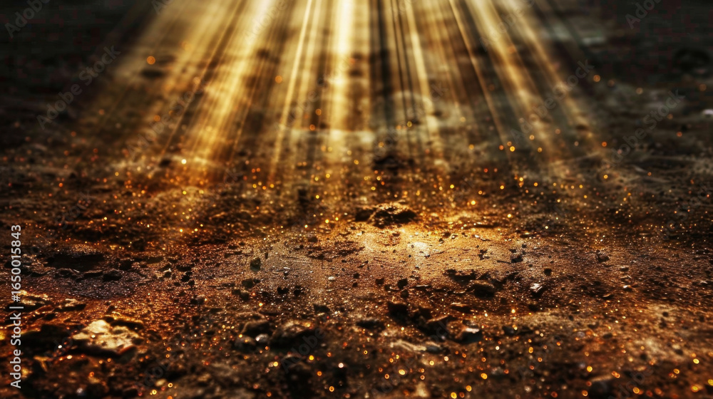 Poster golden rays of light illuminate textured surface, creating magical atmosphere filled with sparkling 
