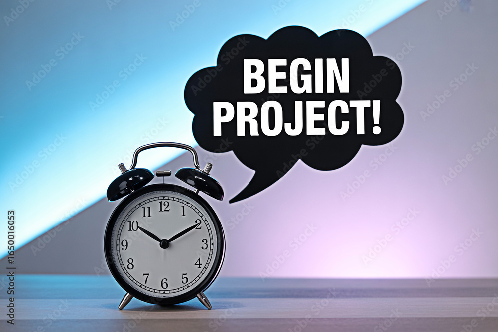 Poster begin project now time management concept with alarm clock and speech bubble for productivity boost 