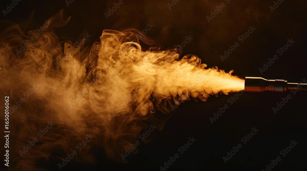 Poster dramatic image of smoke plume emerging from nozzle, creating intense and captivating visual effect. 