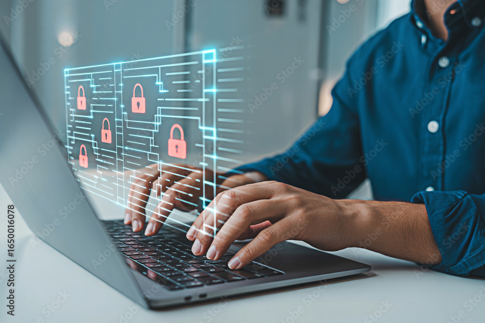 Poster cyber security data protection concept businessman using laptop with lock security interface 100