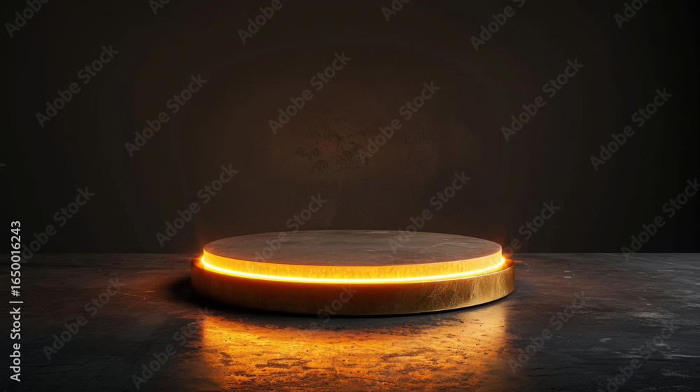 Poster circular display platform with glowing orange light around its edge, set against dark background. su