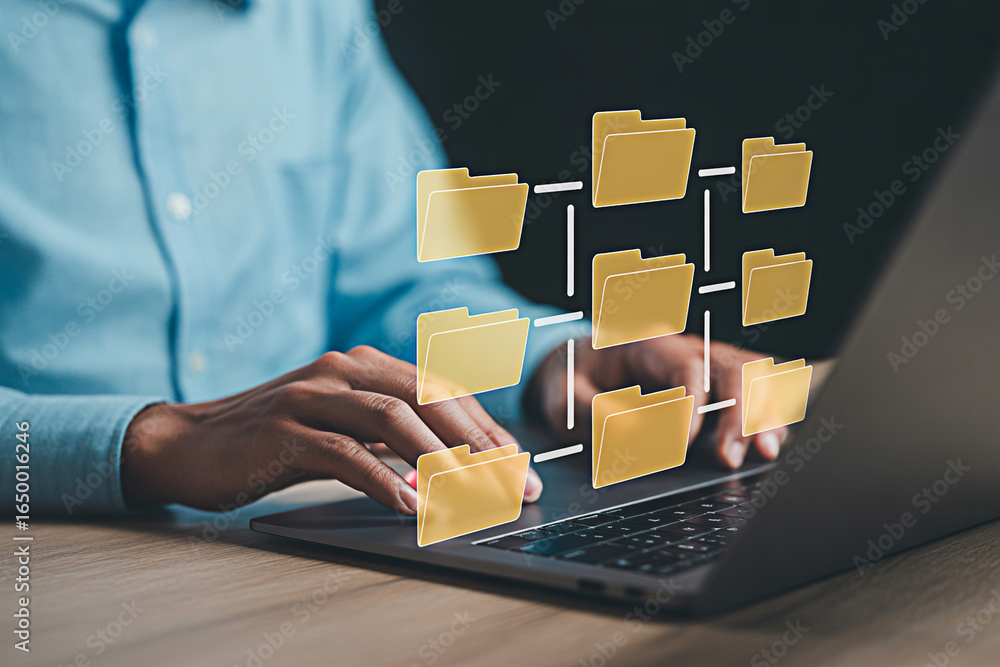 Aufkleber data management and file sharing concept with folders on laptop for cloud storage and organization s
