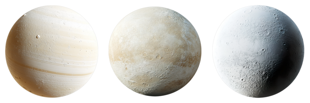 Three planets are shown in a row, with the middle one being the largest