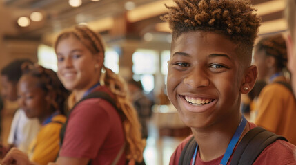 Fototapeta premium Smiling boy with curly hair in group of young people, showcasing joy and friendship in vibrant setting. atmosphere is lively and engaging, perfect for capturing youthful energy