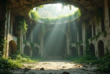 Cracked Walls and Overgrown Vines in a Forgotten Theater: Inside an abandoned theater, cracked walls and collapsed ceilings are overtaken by vines and nature reclaiming the stage.