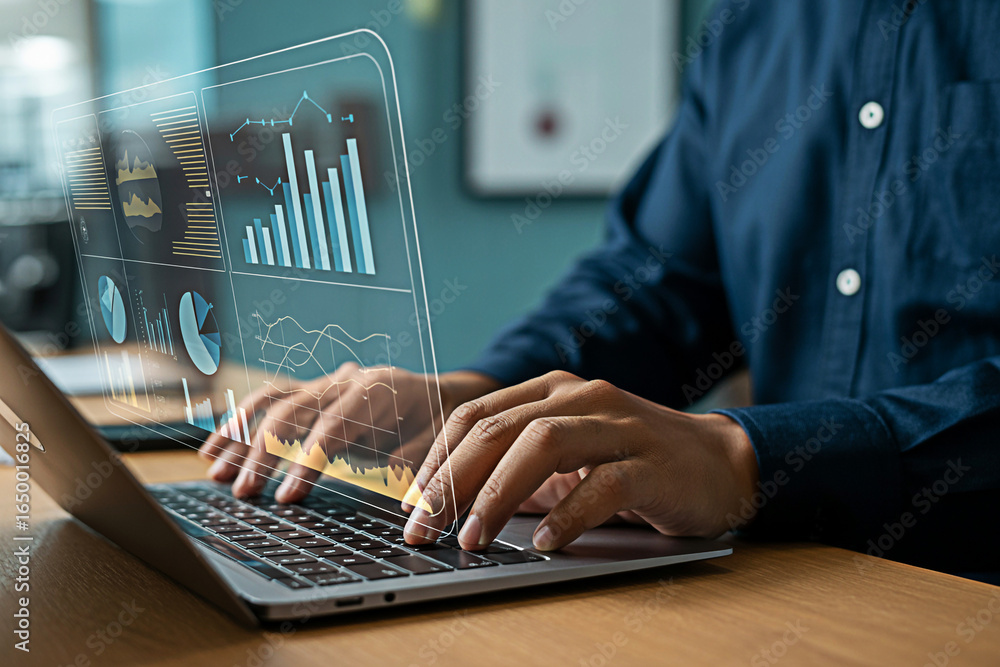 Poster analyzing business data on laptop with financial charts and graphs for strategic decision making pro
