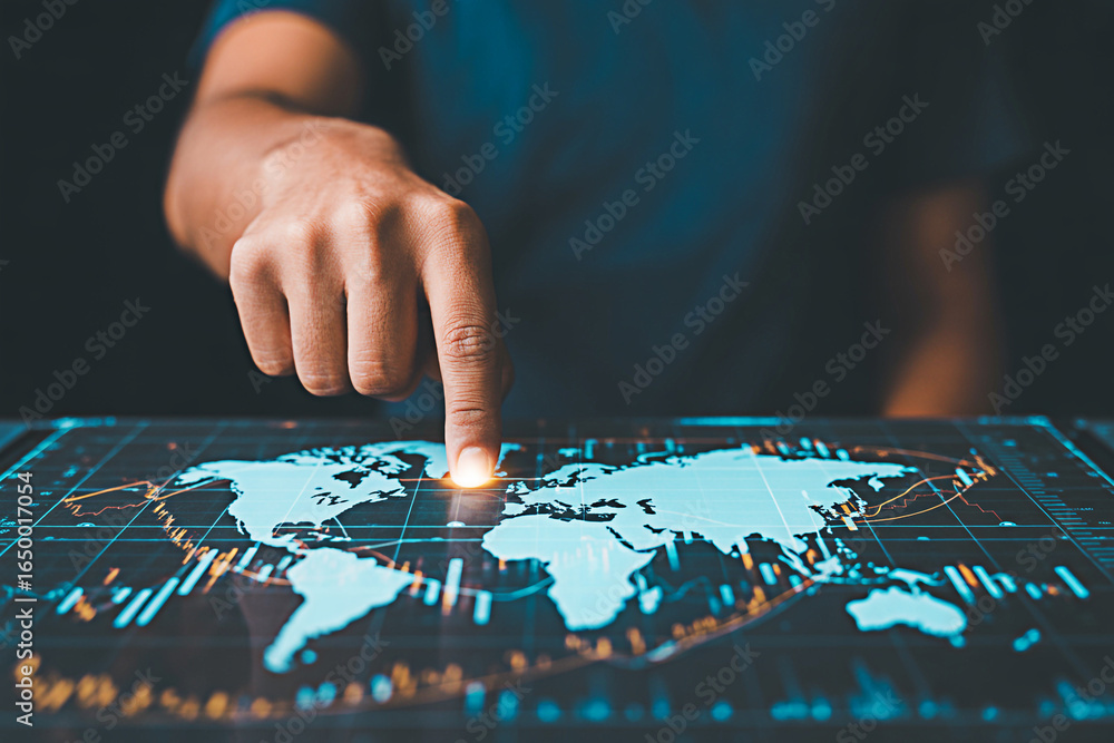 Poster global business data analytics and world map visualization on digital screen technology concept 2024
