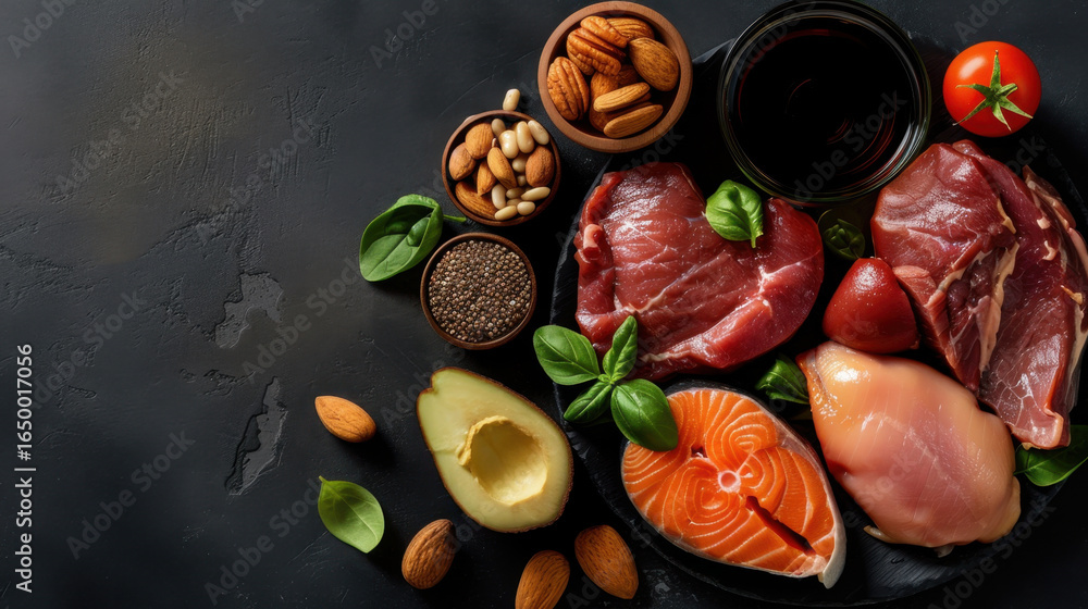 Poster fresh meat fish nuts and seeds arranged on dark surface create vibrant and healthy display. this ass