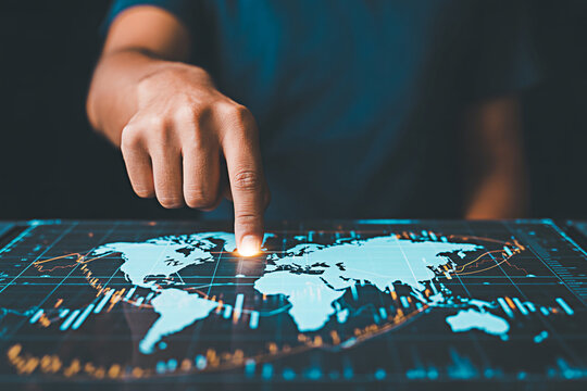 Global business data analytics and world map visualization on digital screen technology concept 2024