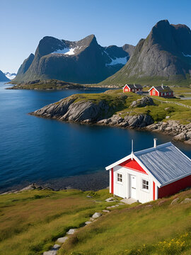 White cottage-red fishing hut or rorbu-Volden area. Fredvang-Moskenesoya-Lofoten-Norway. 0411