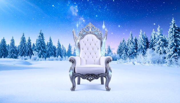 Elegant white throne chair in a snowy winter landscape.