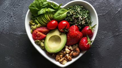 Fresh and vibrant heart shaped bowl filled with nutritious ingredients including spinach, avocado, cherry tomatoes, strawberries, nuts, and seeds, promoting healthy lifestyle and well being