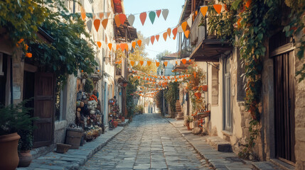 Fototapeta premium An inviting street in porj adorned with cultural decorations