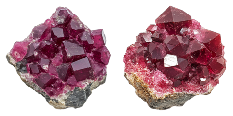 Two pieces of pink rock with a lot of small crystals