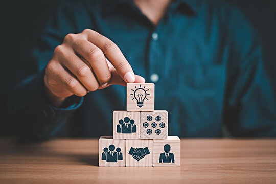 Business strategy building blocks leadership team innovation success ideas and teamwork collaboration