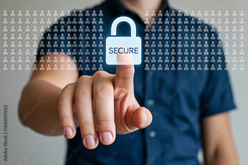 Poster data security and privacy concept man touching secure lock icon on screen cyber security protection 