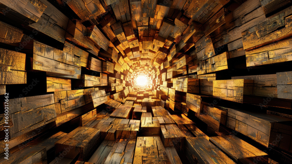 Poster mesmerizing tunnel of wooden blocks converges towards bright light at center, creating sense of dept