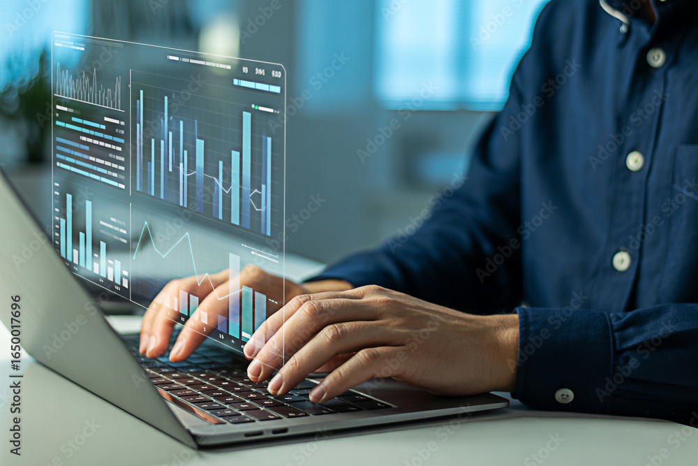 Poster analyzing business data on laptop with financial charts graphs and diagrams for investment strategy 