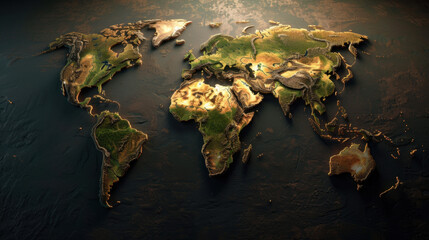 Detailed topographic map of world showcasing various landforms and elevations, highlighting mountains, valleys, and plains. vibrant colors enhance geographical features, creating visually striking