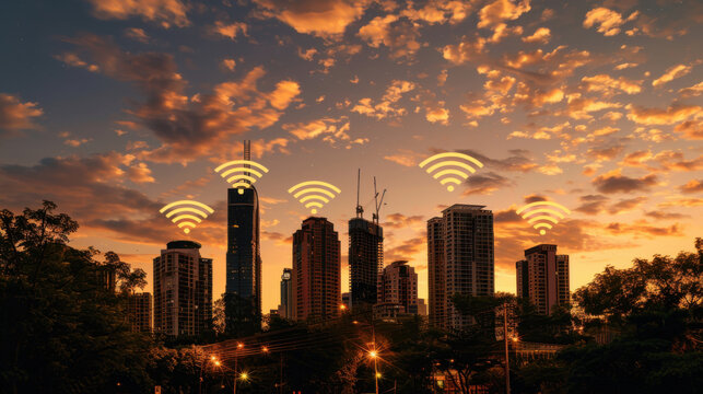 Vibrant city skyline at sunset, showcasing modern skyscrapers with digital Wi Fi symbols overlaying buildings, symbolizing connectivity and technology. warm hues of sky create serene atmosphere