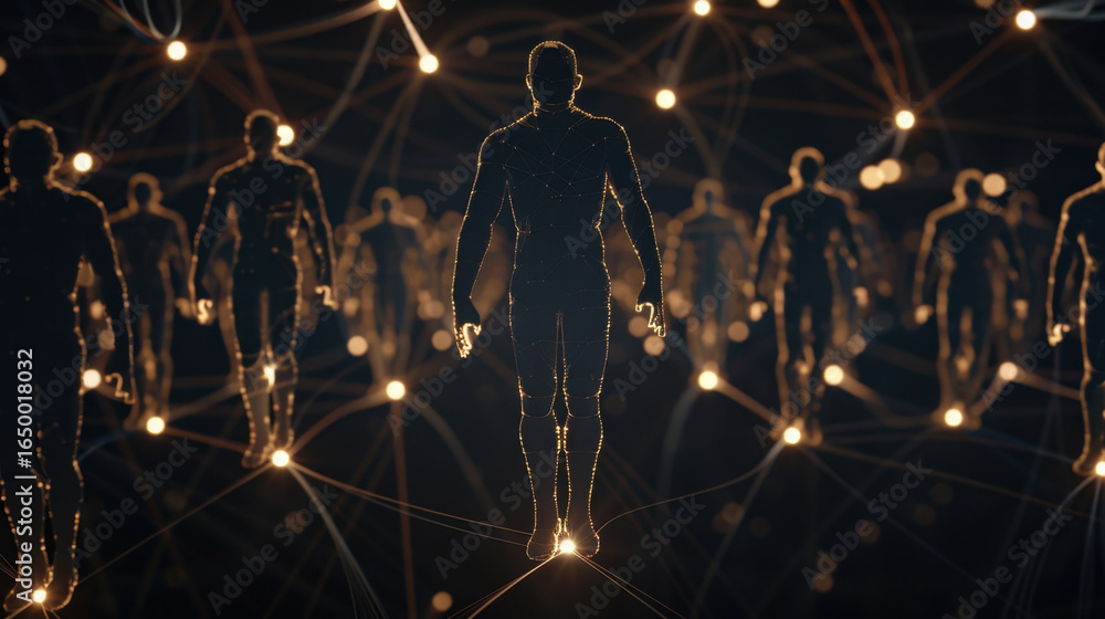 Poster digital representation of human figures connected by glowing lines, symbolizing technology and netwo