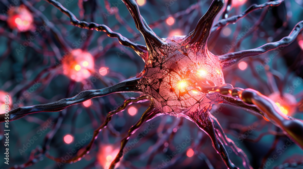 Poster neurons are intricate cells that transmit signals nervous system, showcasing vibrant colors and comp