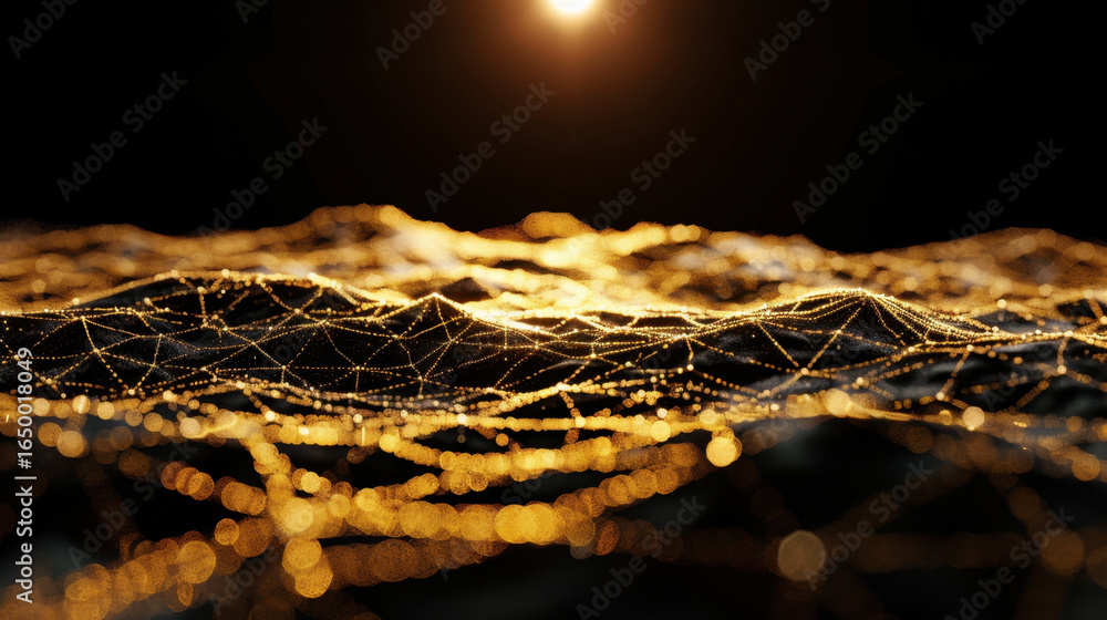 Poster stunning abstract representation of digital landscape, featuring intricate golden lines and glowing 