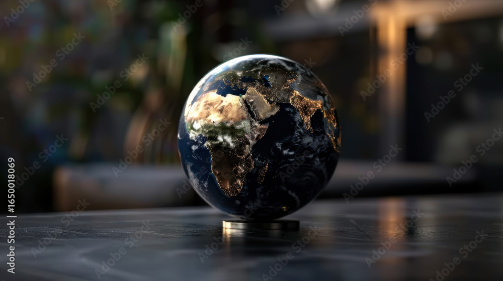 Poster detailed globe showcasing earth with illuminated continents and dark ocean, placed on sleek surface.