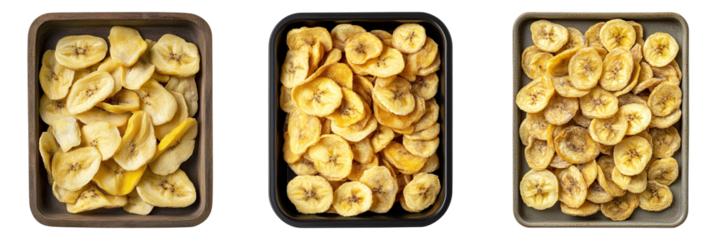 Three bowls of banana chips are shown, with one bowl containing yellow chips