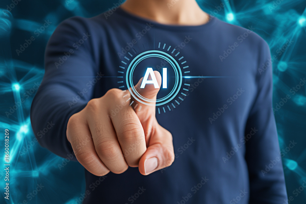 Poster artificial intelligence ai technology concept man touching ai icon digital transformation future tec