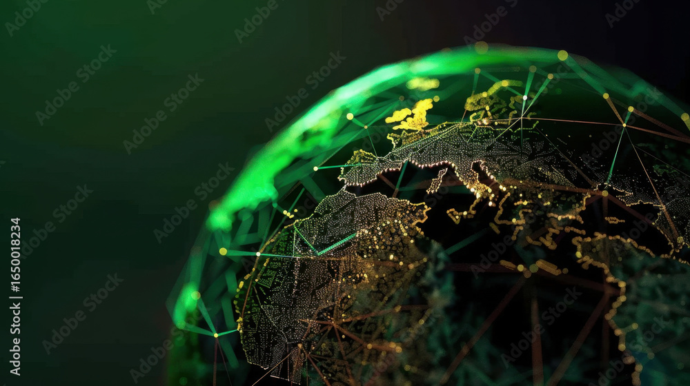 Poster digital representation of earth showcasing network of interconnected lines and nodes, emphasizing te