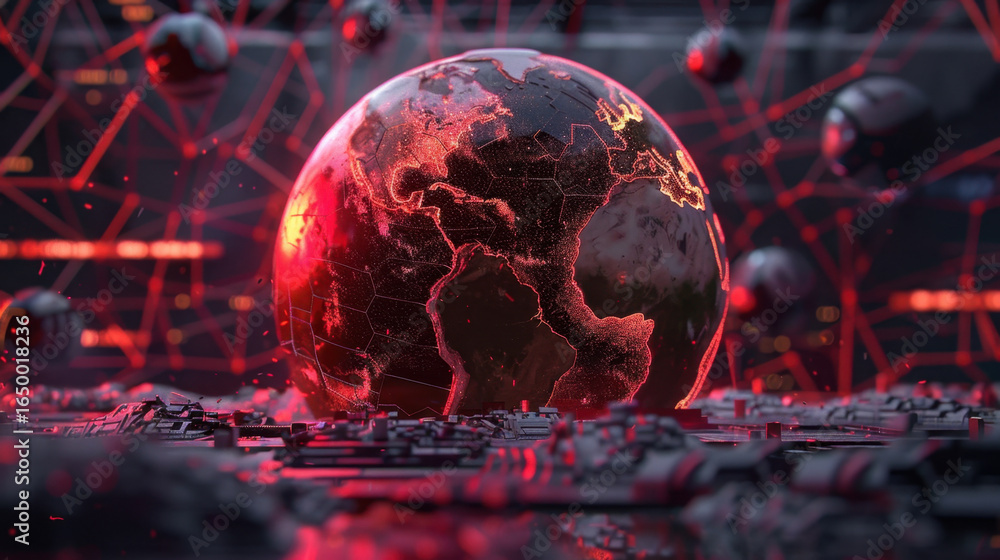 Poster digital representation of glowing globe surrounded by network of red lines and abstract shapes, symb