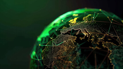 Digital representation of Earth showcasing network of interconnected lines and nodes, emphasizing technology and global connectivity. vibrant green and gold colors create futuristic atmosphere