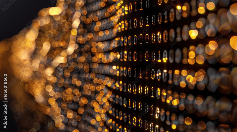 Poster digital binary code illuminated with warm golden lights creates mesmerizing abstract background. int
