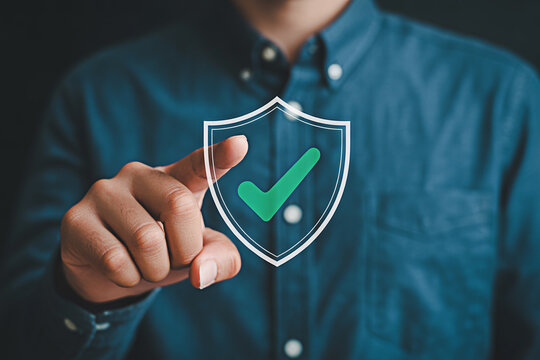 Security protection concept with shield and check mark for data privacy and cybersecurity safety