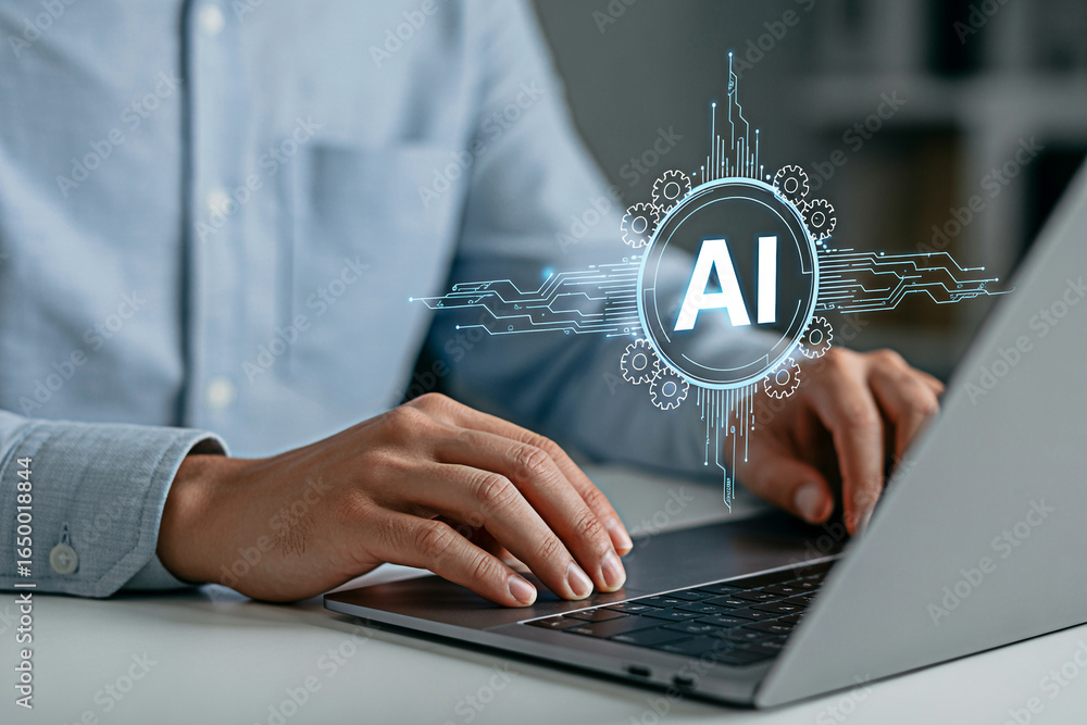 Poster ai technology on laptop computer concept for machine learning and digital transformation business st