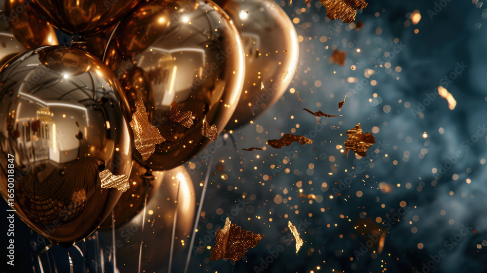 Poster shiny golden balloons float amidst backdrop of shimmering confetti and sparkling lights, creating fe