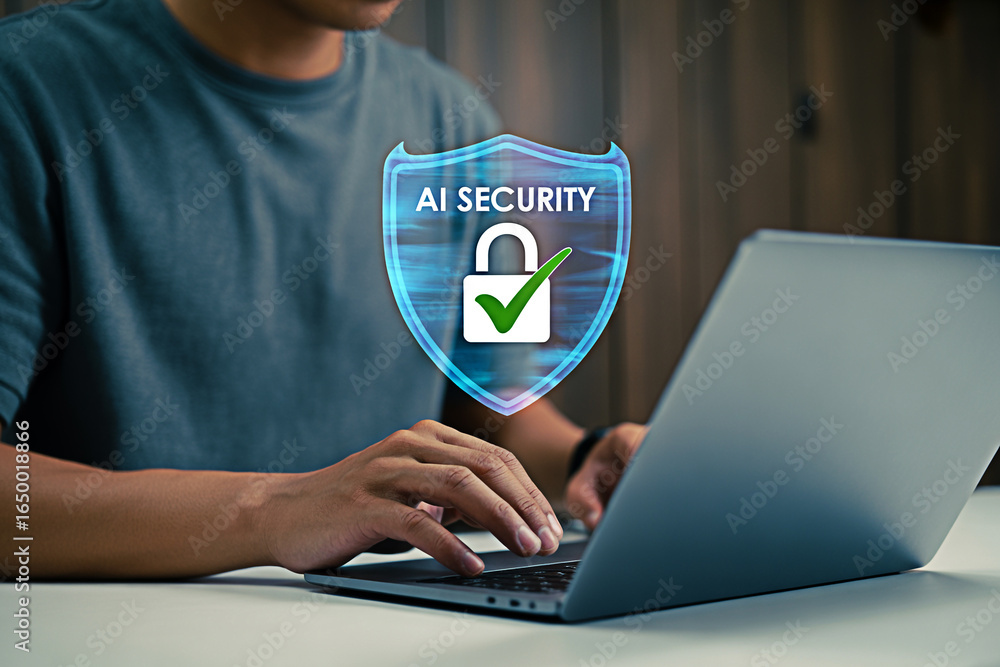 Poster ai security concept man using laptop with security shield artificial intelligence protection concept