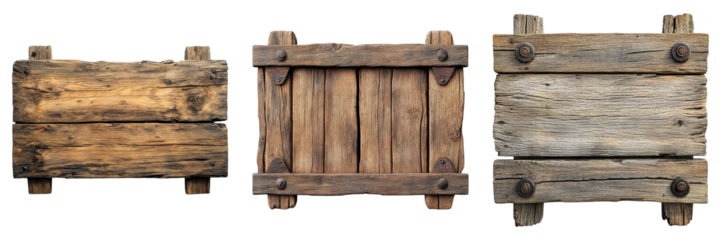 Three wooden signs with nails and screws