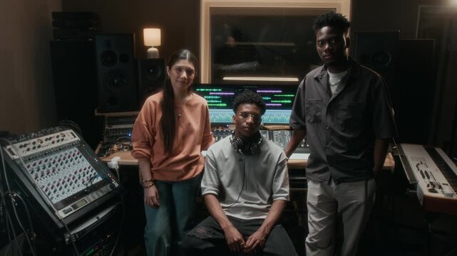 Zoom out shot of multiethnic music band looking at camera while posing in professional recording studio with mixing console