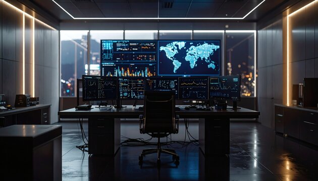 Network Monitoring, Computer Setup, Modern Office, Photo, High-Tech Environment, Night View, Connectivity Concept