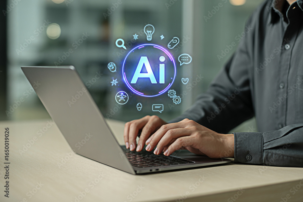 Aufkleber exploring artificial intelligence ai solutions on laptop for business automation and innovation toda