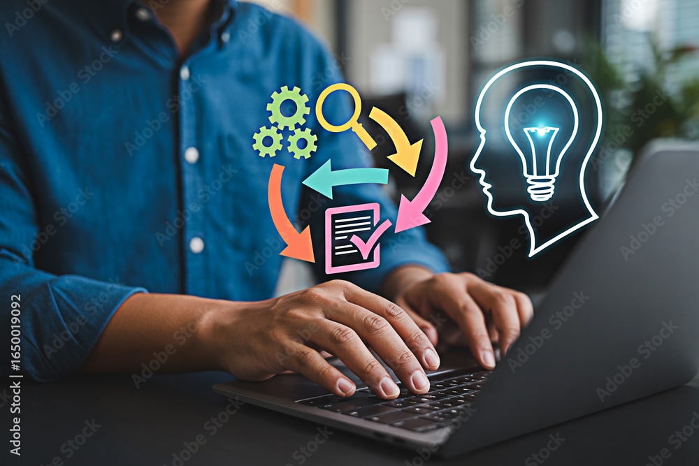 Poster workflow automation and business process management on laptop for increased efficiency and productiv