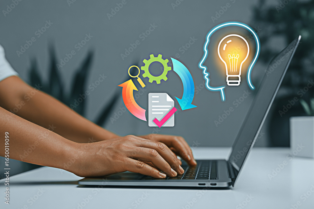 Aufkleber business process automation workflow optimization with laptop for increased productivity and efficie