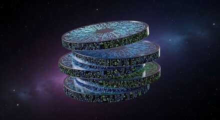 Futuristic server stack with circuit board design in outer space background