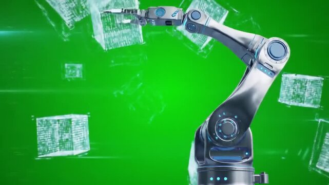 3D AI Robotic Arm Assembling Holographic Data Cubes on Green Screen