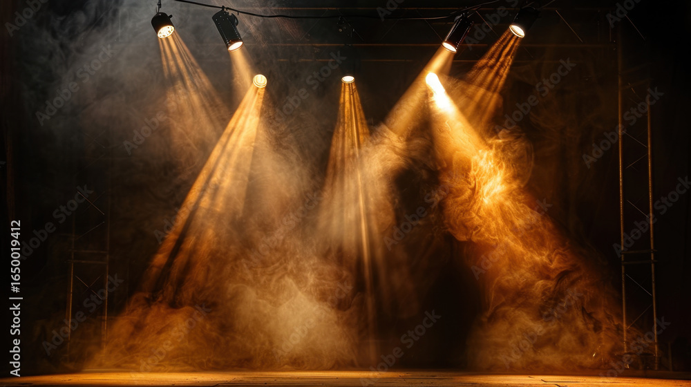 Poster dramatic stage lighting creates atmospheric scene with beams of light piercing through smoke, enhanc