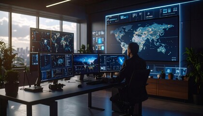 Dynamic Network Monitoring, Professional Workspace, Urban Office, Digital Display, Modern Environment, Captivating Perspective