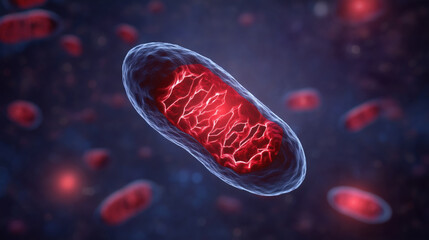 Fototapeta premium Close up of illuminated mitochondrial showing intricate inner membrane and cristae structure in microscopic cellular biology concept.